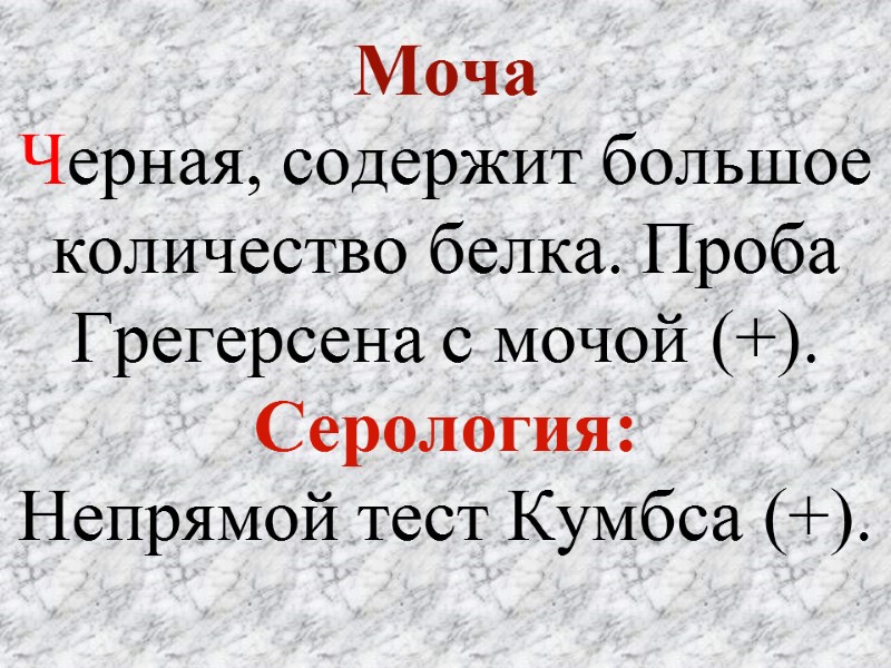 Моча Черная, содержит большое количество белка. Проба Грегерсена с мочой (+). Серология:  Непрямой